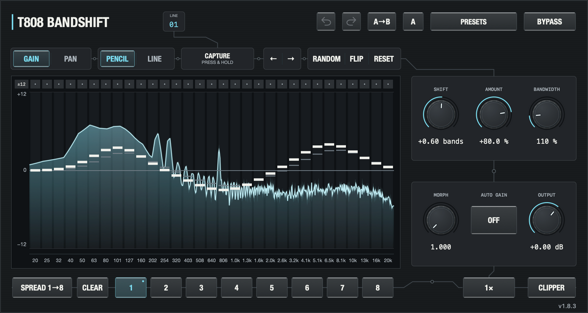 T808 BANDSHIFT — released macOS interface processing audio, with live spectrum visible.
