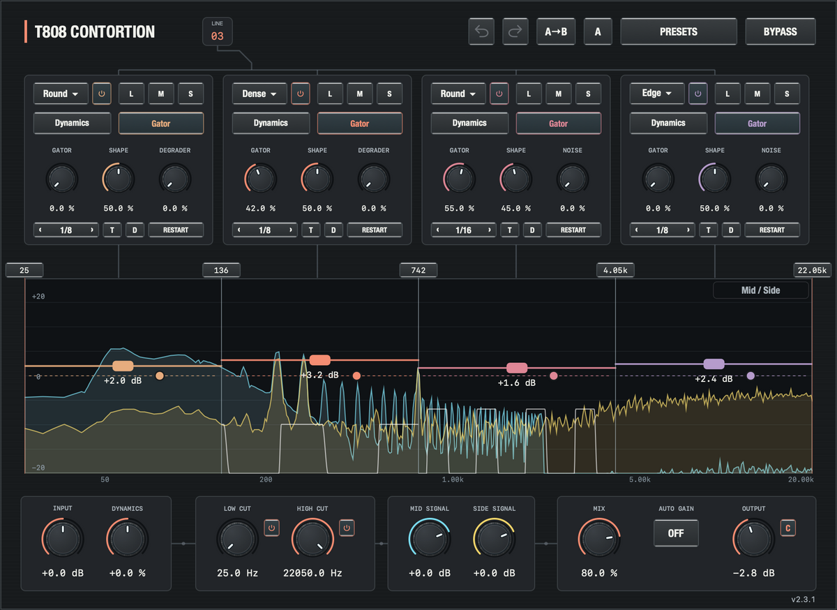T808 CONTORTION macOS interface processing audio with neutral trims and two gently gated bands.