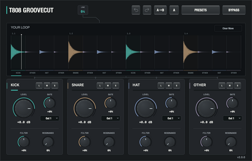 T808 GROOVECUT 2.0.0 macOS interface, LINE 04, processing a percussion loop with kick, snare, hat and Other timing windows.